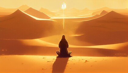 A person meditating in a desert with sand dunes and a bright sun Generative AI - obrazy, fototapety, plakaty
