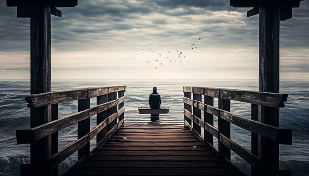 A person meditating on a pier with a view of the ocean Generative AI