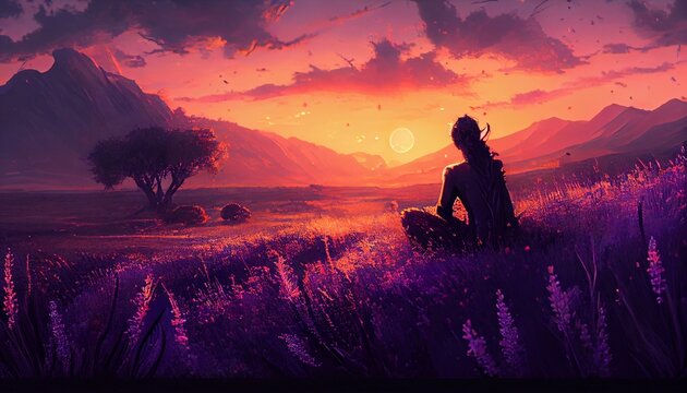 A person meditating in a field of lavender with a sunset in the background Generative AI