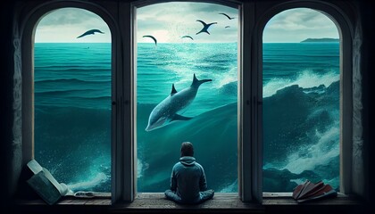 A person meditating on a balcony with a view of the ocean and dolphins swimming below Generative AI