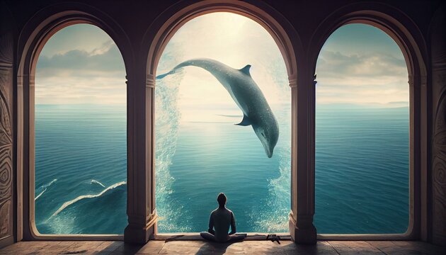 A Person Meditating On A Balcony With A View Of The Ocean And Dolphins Swimming Below Generative AI