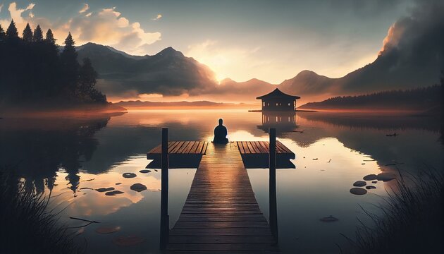 A person meditating on a dock by a tranquil lake at sunrise Generative AI