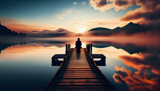 A person meditating on a dock by a tranquil lake at sunrise Generative AI
