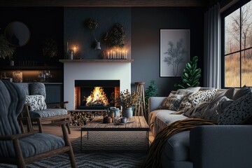 Cozy living room interior with comfortable furniture and decorative fireplace. Generative AI