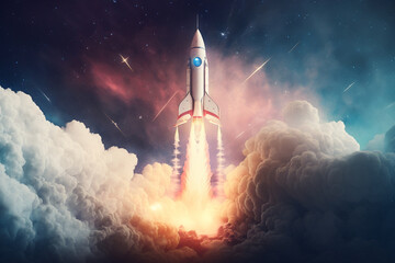 Rocket launching into space illustration. Advanced techonology and science. Nebula background.