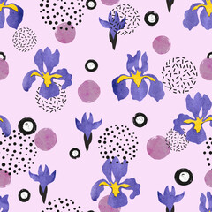 Fototapeta na wymiar Seamless abstract iris pattern. Vector trendy floral print with lilac flowers and circles