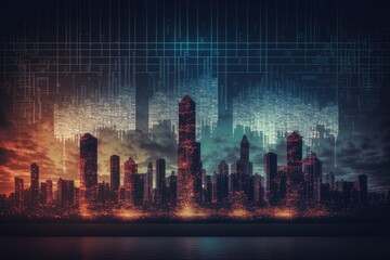 Fototapeta na wymiar Abstract virtual coding concept on Chicago skyline background. Multiexposure. Generative AI