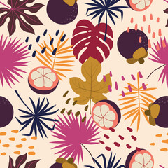 Seamless tropical pattern. Exotic mangostin fruits and leaves. Vector botanical background