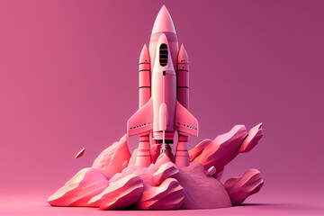 Rocket launching into space illustration. Advanced techonology and science. Pink and purple background.