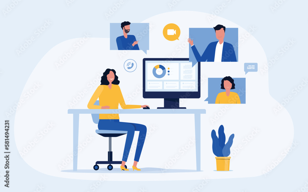 Poster business smart working with online video conference meeting concept and business team working from anywhere with internet  technology.