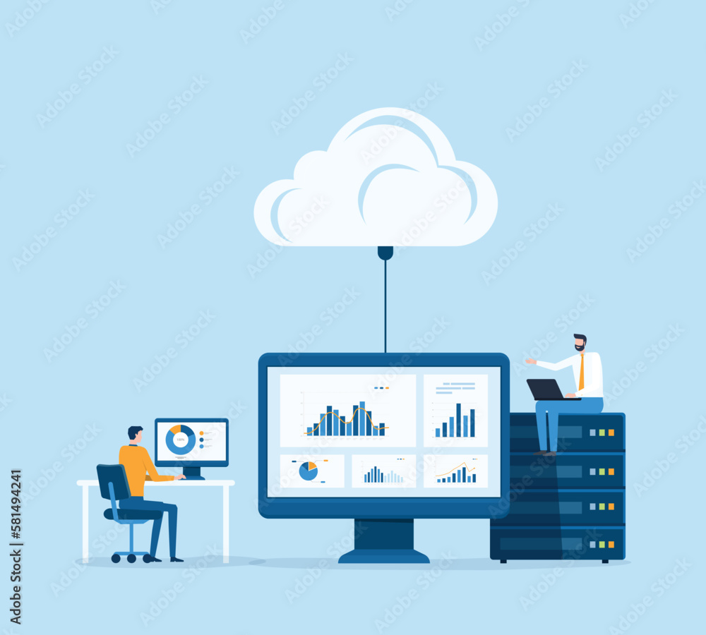 Aufkleber business technology cloud computing service  and datacenter storage server connect on cloud concept with administrator and developer team working on dashboard monitor concept