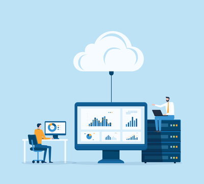 business technology cloud computing service  and datacenter storage server connect on cloud concept with administrator and developer team working on dashboard monitor concept