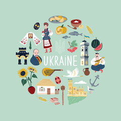 Ukrainian set with national, traditional symbols: rushnyk, borsch, flag, hut, Cossack,  pysanka, bandura, lard. Ukraine elements collection for design