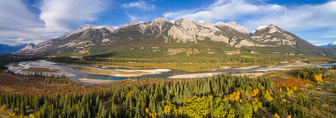 Panorama of a landscape with the braiding Athabasca River and mountains, Canada