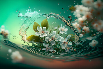 Spring background flowers and leaves with water splash abstract, generative ai
