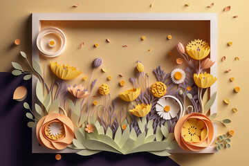 Paper cut springs flowers with little mockup space, frame, generative ai