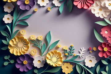 Paper cut springs flowers with little mockup space, frame, generative ai