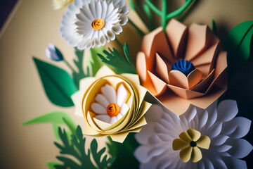 Obraz na płótnie Canvas Paper cut spring colorful flowers and leaves craft, background, generative ai
