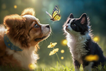 Fototapeta na wymiar cute friends a cat and a dog catch a flying butterfly in a spring meadow, generative ai