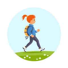 Little girl walks with a backpack. Red hair, smile face. Hiking tourist or schoolgirl. Happy childhood. Cartoon vector illustration