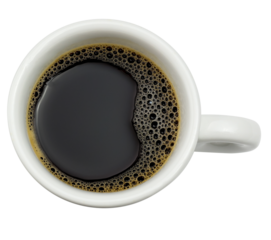 Closeup black espresso coffee in white porcelain cup from above view isolated clipping path on white background.