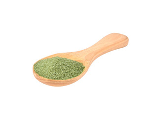 Japanese Green Tea powder in wooden spoon on transparent png..