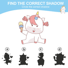 Find the correct shadow. Matching unicorn shadow game for children. Worksheet for kid. Educational printable worksheet. Vector illustration.