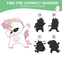 Find the correct shadow. Matching unicorn shadow game for children. Worksheet for kid. Educational printable worksheet. Vector illustration.