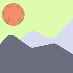 Simple abstract landscape background with nature vibes. Mountains, sun, leaves.