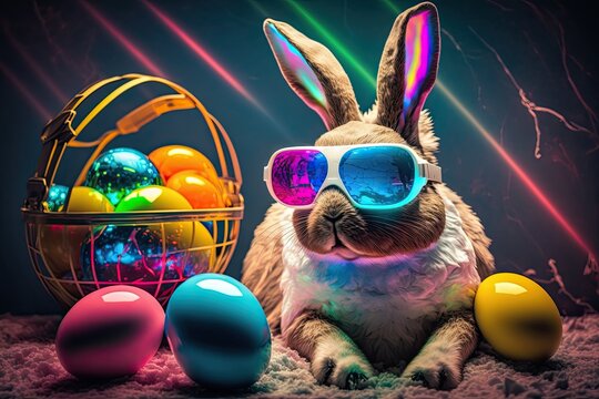 Easter Egg hunt on our metaverse. Fashion hipster easter bunny with vr glasses and easter eggs on black background. AI generative