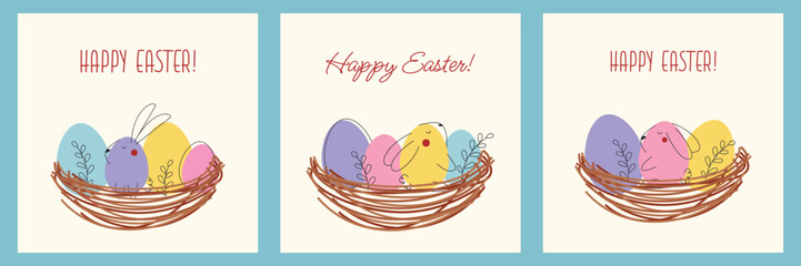 Happy Easter set of banners, greeting cards, posters and covers. Template with Easter eggs in a basket and bunnies