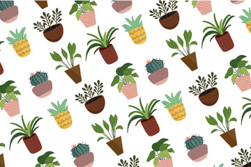 Vector hand drawn pattern of house plants in pots. Doodle style, isolated on white background.