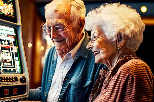 elderly couple playing casino slot machine in casino, created with generative ai