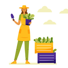 Cute happy women or girl caring about plants isolated on white background. Home gardening and growing houseplants. Flat style vector illustration of trendy people with garden plants.