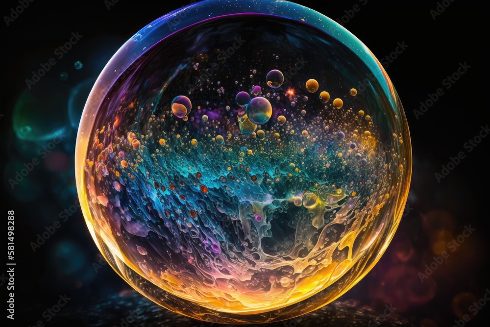 Poster a starry sky and an abstract multicolored psychedelic planet can be seen in a virtual reality enviro