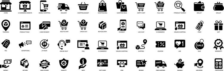 E-commerce shopping icons set. Online shopping icons set and payment elements - obrazy, fototapety, plakaty