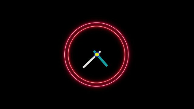 Clock animation , analog clock 12 hour time. neon wall clock animated.