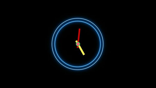 Clock animation , analog clock 12 hour time. neon wall clock animated.