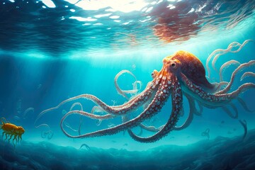 huge octopus sea swimming in water near surface along with fish, created with generative ai