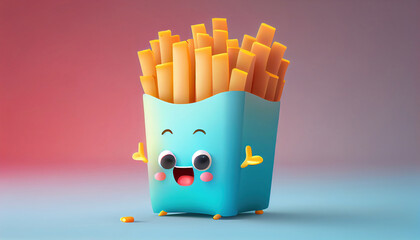 3D Illustration of cute french fries character. Generative AI.
