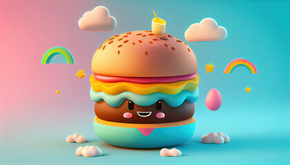 3D Illustration of cute hamburger character. Generative AI. 