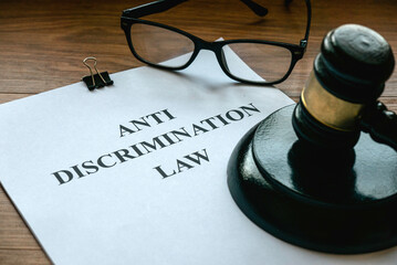 Anti discrimination law. Equality and human rights concept.Court scene judgement attorney. Document...