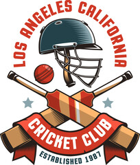 Retro cricket logo featuring a helmet, cricket bats, and ball. Vintage-inspired logo design captures the essence of classic cricket with its bold typography and iconic imagery