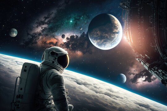 An astronaut and a space station can be seen against a background of planets in far space. Scientific fiction. This image's components were provided by NASA. Generative AI