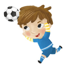 cartoon scene with kid playing running sport ball soccer football - illustration for children