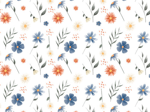 Fondo de patrón de flores naranajas y azules con efecto acuarela y hojas decorativas