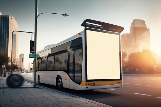 AI generated Bus with blank white billboard on the street