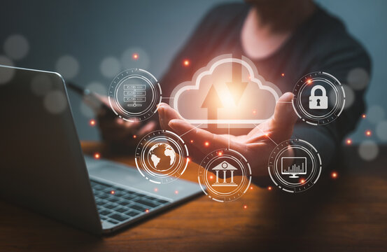 man use Laptop and Smart phone with cloud computing diagram show on hand. Cloud technology. Data storage. Networking and internet service concept. businessman hand working with virtual icon diagram