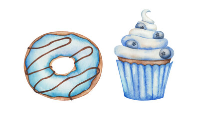 Watercolor illustration set. Hand painted donut with blue icing, chocolate. Cupcake with blue cream, blueberries. Muffin with meringue. Sweet food pastry. Dessert doughnut. Isolated clip art for menu