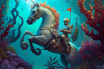 underwater fantasy | A noble knight riding a seahorse through a colorful coral reef. the beauty of the reef. light setting creates a magical atmosphere with sunlight filtering through the water.  Ai